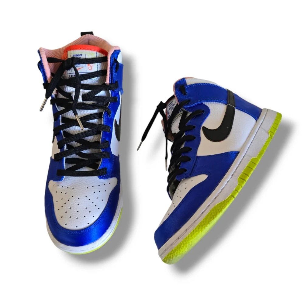 NIKE Women's Dunk High Blue Satin & Leather Sneakers - Picture 10 of 16